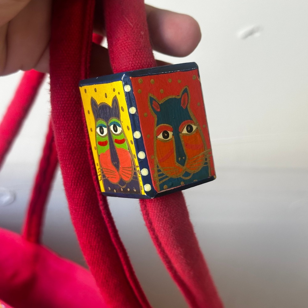 Laurel Burch Canvas Tote Bag Red Blue Three Cats Sequin Embroidered Shoulder Bag - Picture 13 of 16